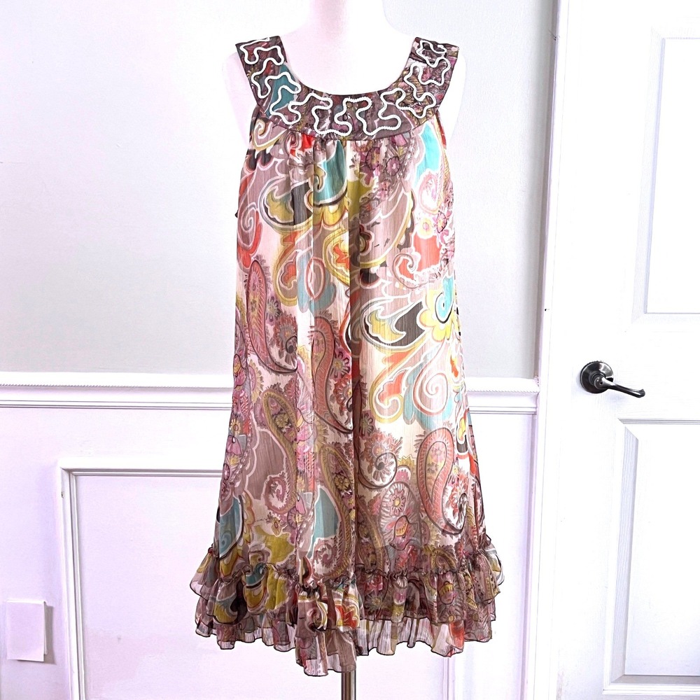 Parsley & Sage Paisley Dress Womens XL ? Sleeveless Ruffle Hem Boho Brown LIned